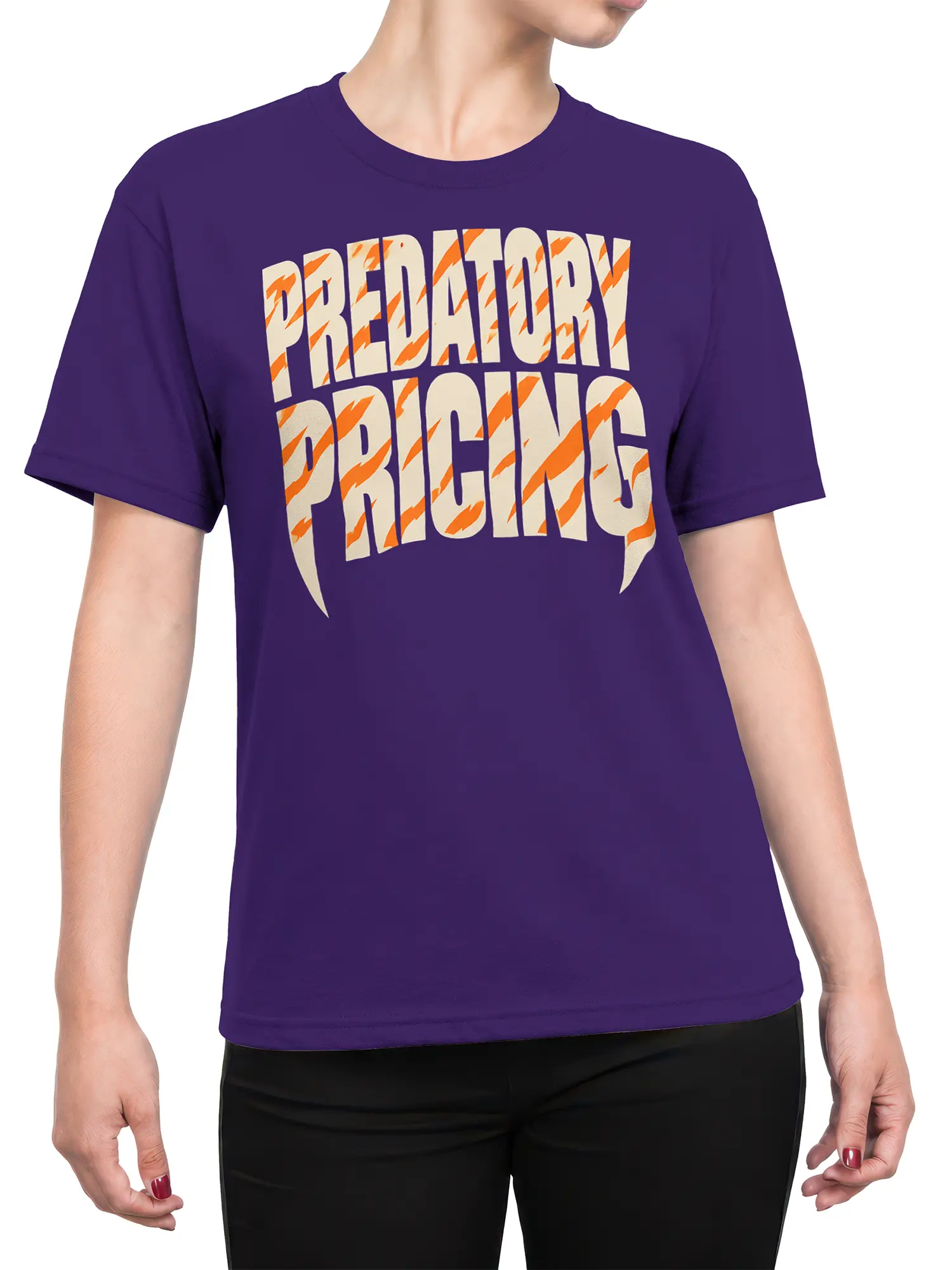 Female torso wearing a purple predatory pricing graphic T-shirt with cream and orange lettering