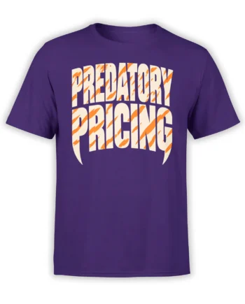 Purple T-shirt with bold cream PREDATORY PRICING text and orange tiger-style stripes