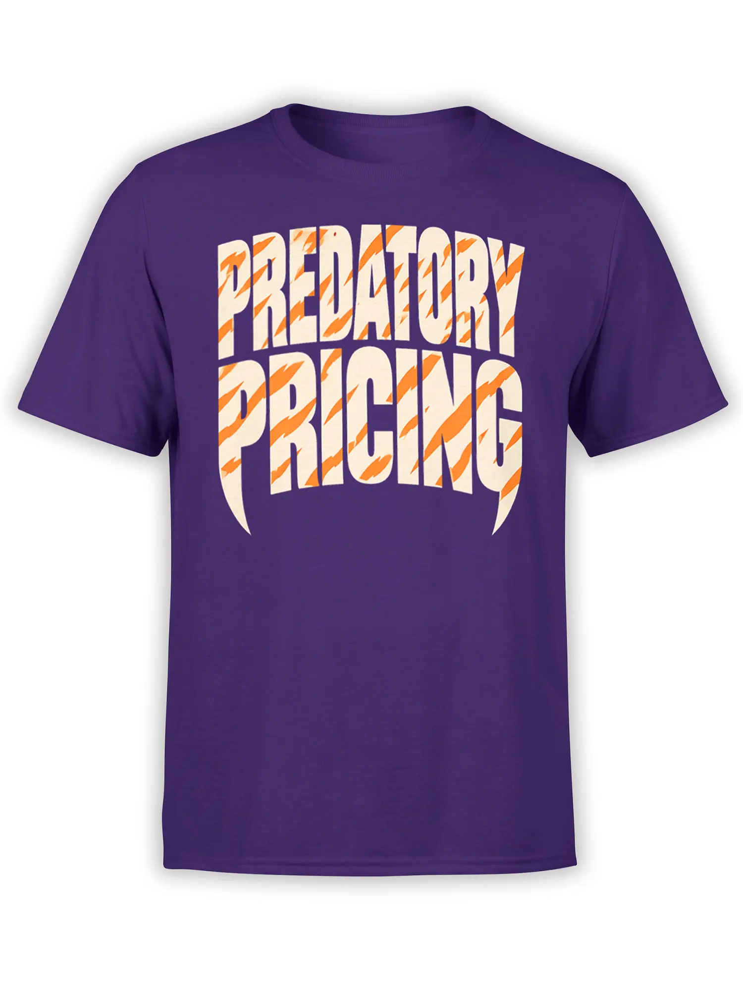 Purple T-shirt with bold cream PREDATORY PRICING text and orange tiger-style stripes