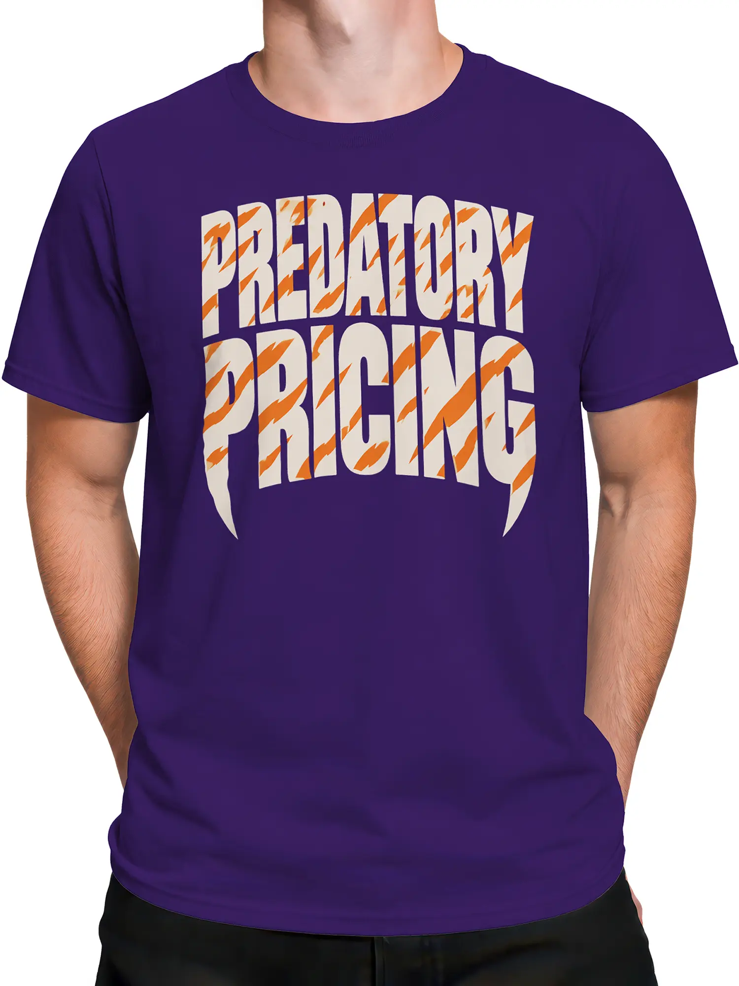 Male torso wearing a purple predatory pricing T-shirt with bold cream and orange artwork