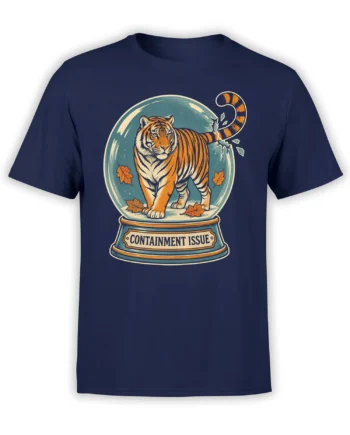 Orange tiger breaking through a snow globe on a navy shirt with a CONTAINMENT ISSUE label