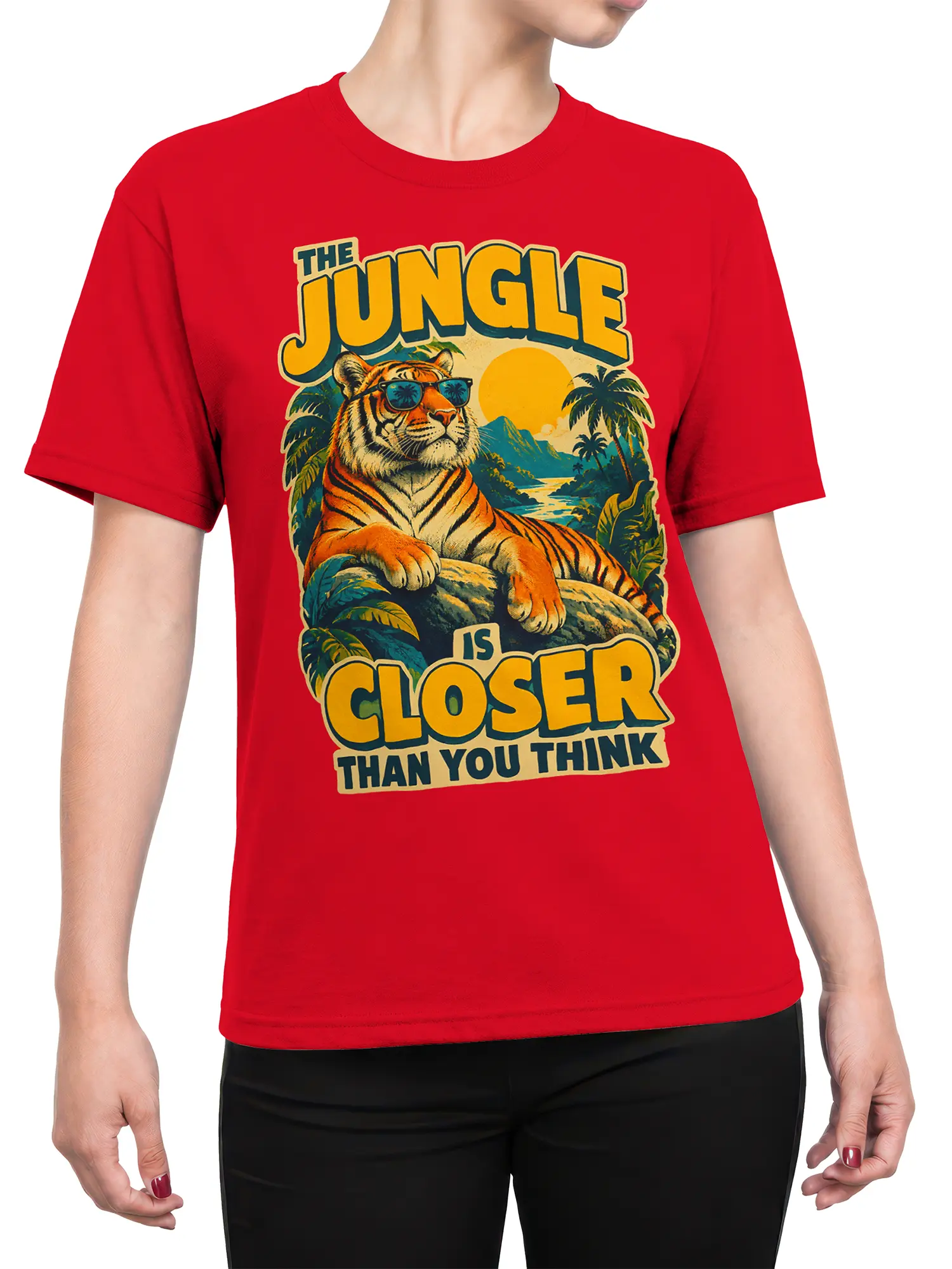 Female torso wearing a red tiger graphic T-shirt with tropical jungle scenery and vintage yellow lettering