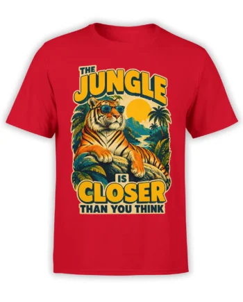 Red tiger T-shirt with sunglasses, tropical jungle scenery, and bold “The Jungle Is Closer” lettering