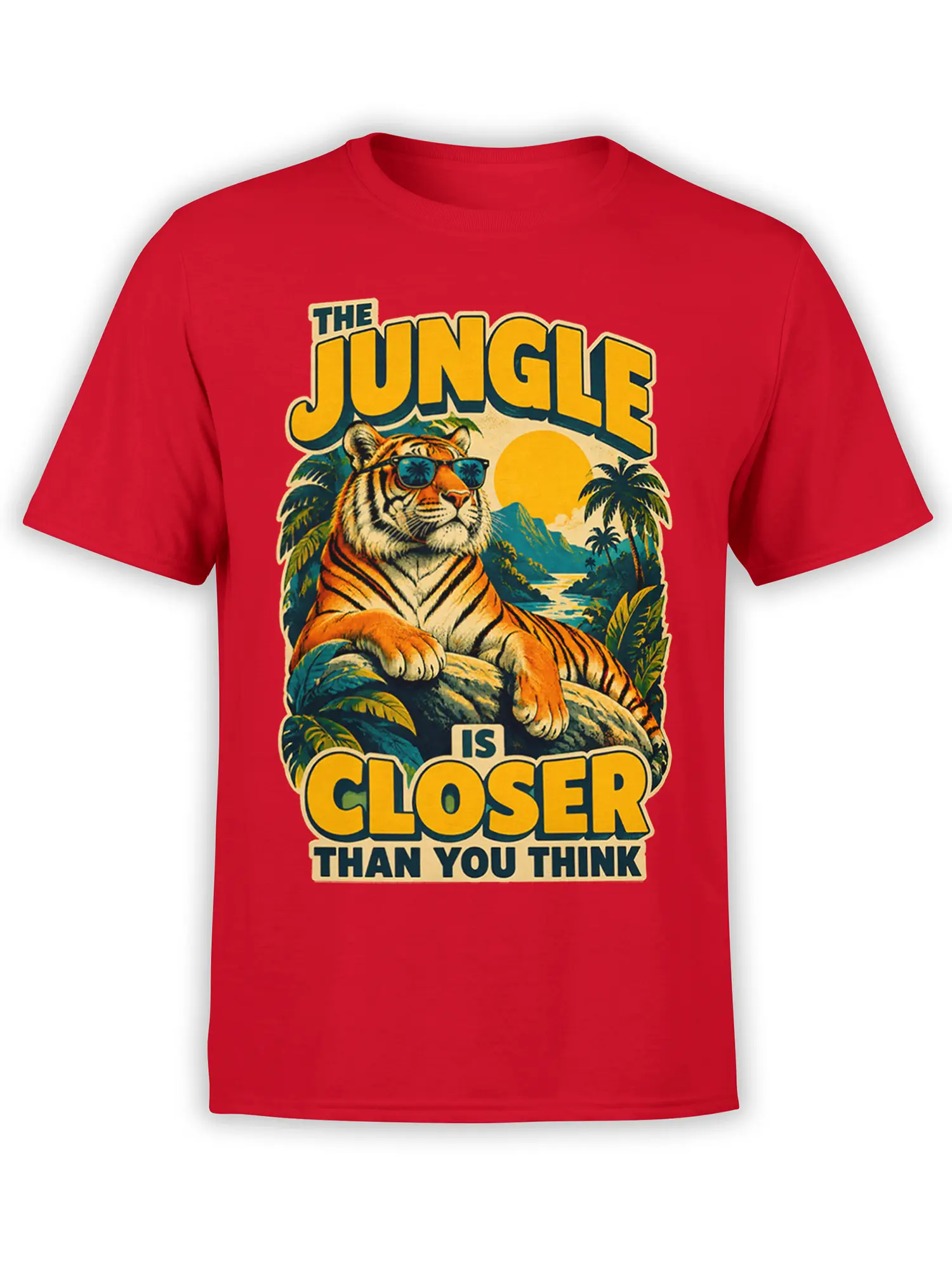 Red tiger T-shirt with sunglasses, tropical jungle scenery, and bold “The Jungle Is Closer” lettering