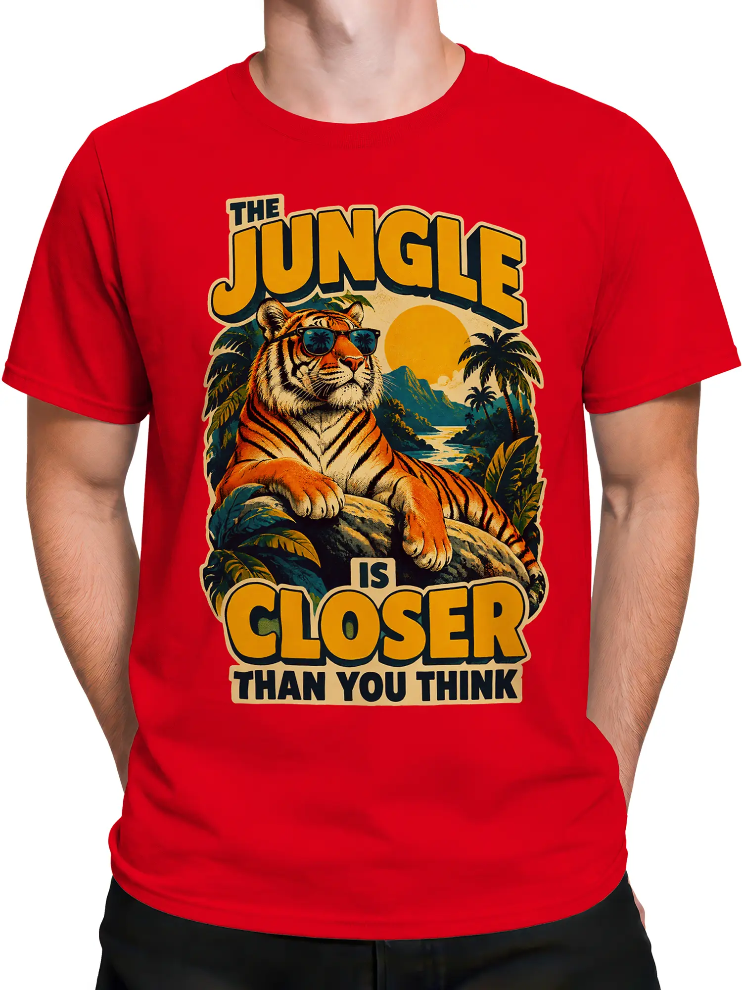 Male torso wearing a red vintage tiger T-shirt with sunglasses and bold tropical jungle artwork