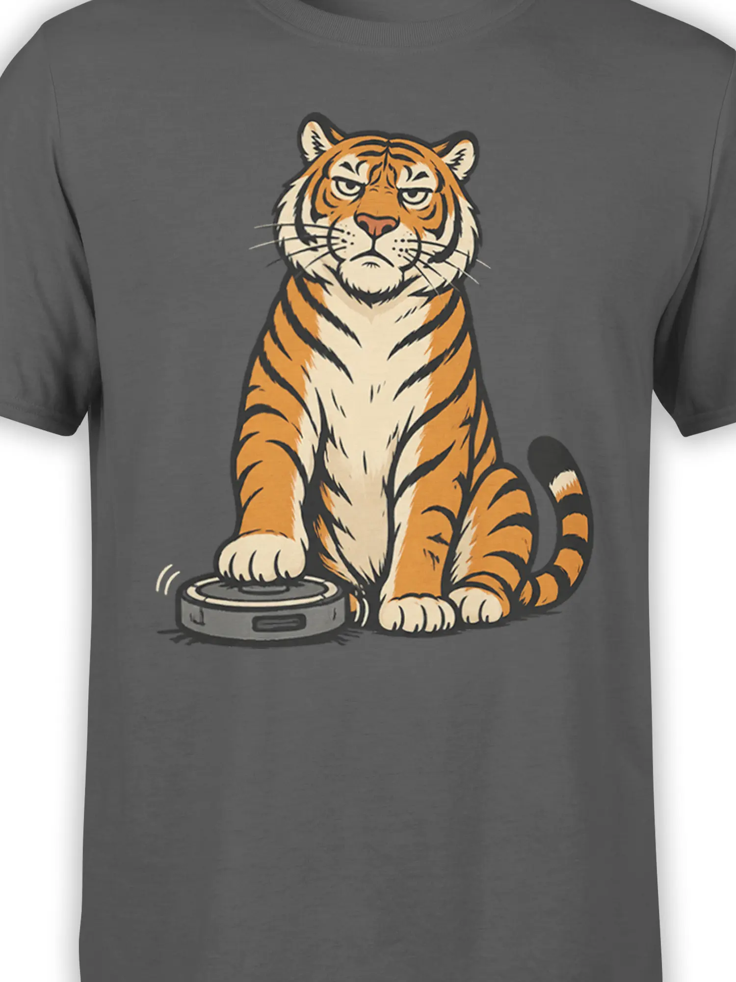 Close-up of the stern striped tiger and round scale printed on a gray graphic T-shirt