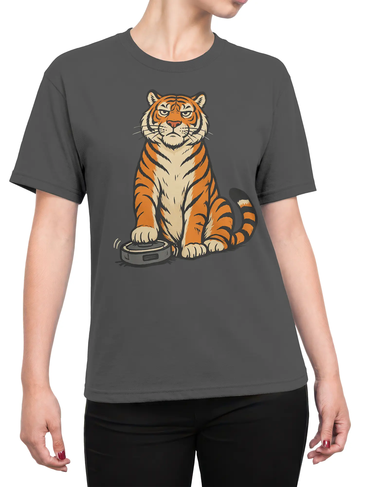 Female torso wearing a gray tiger T-shirt with a striped tiger checking its weight on a scale