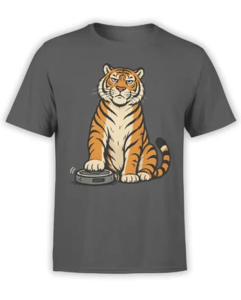 Charcoal gray T-shirt with a stern orange-and-black tiger pressing its paw on a round scale