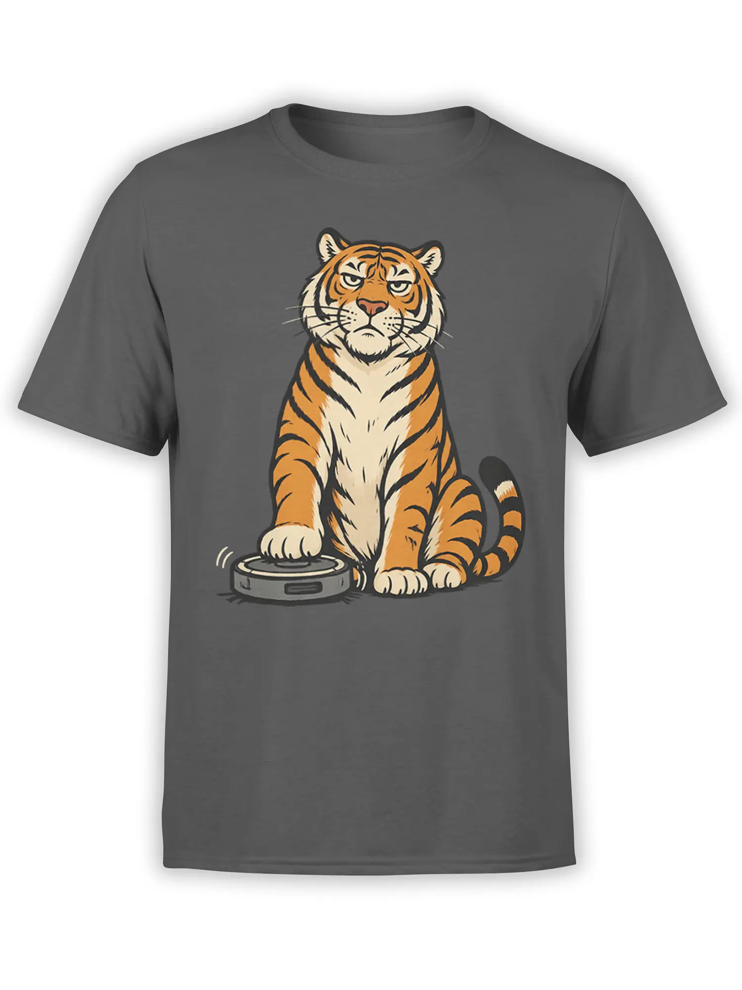 Charcoal gray T-shirt with a stern orange-and-black tiger pressing its paw on a round scale
