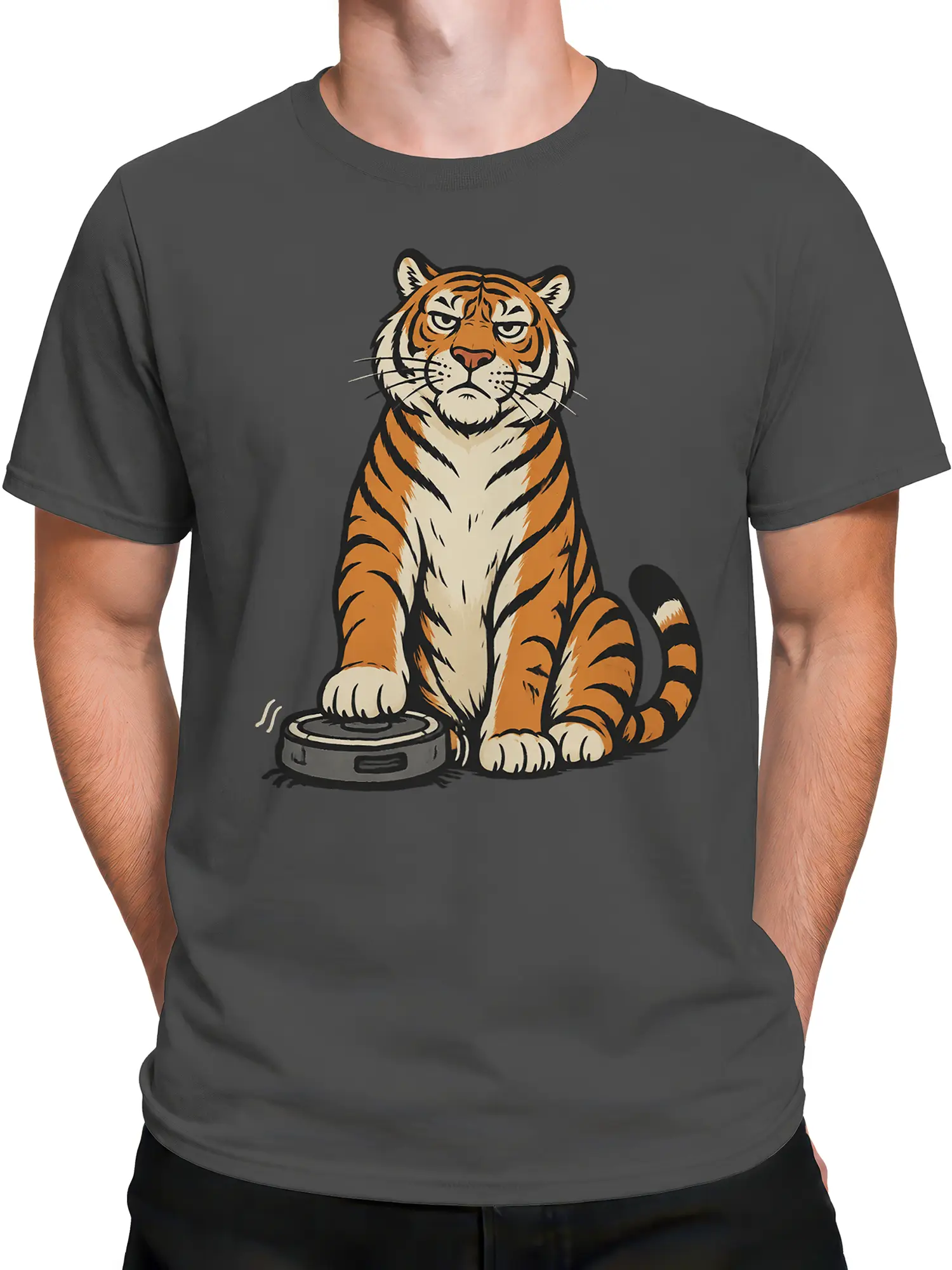 Male torso wearing a gray graphic tee with an orange striped tiger standing on a scale