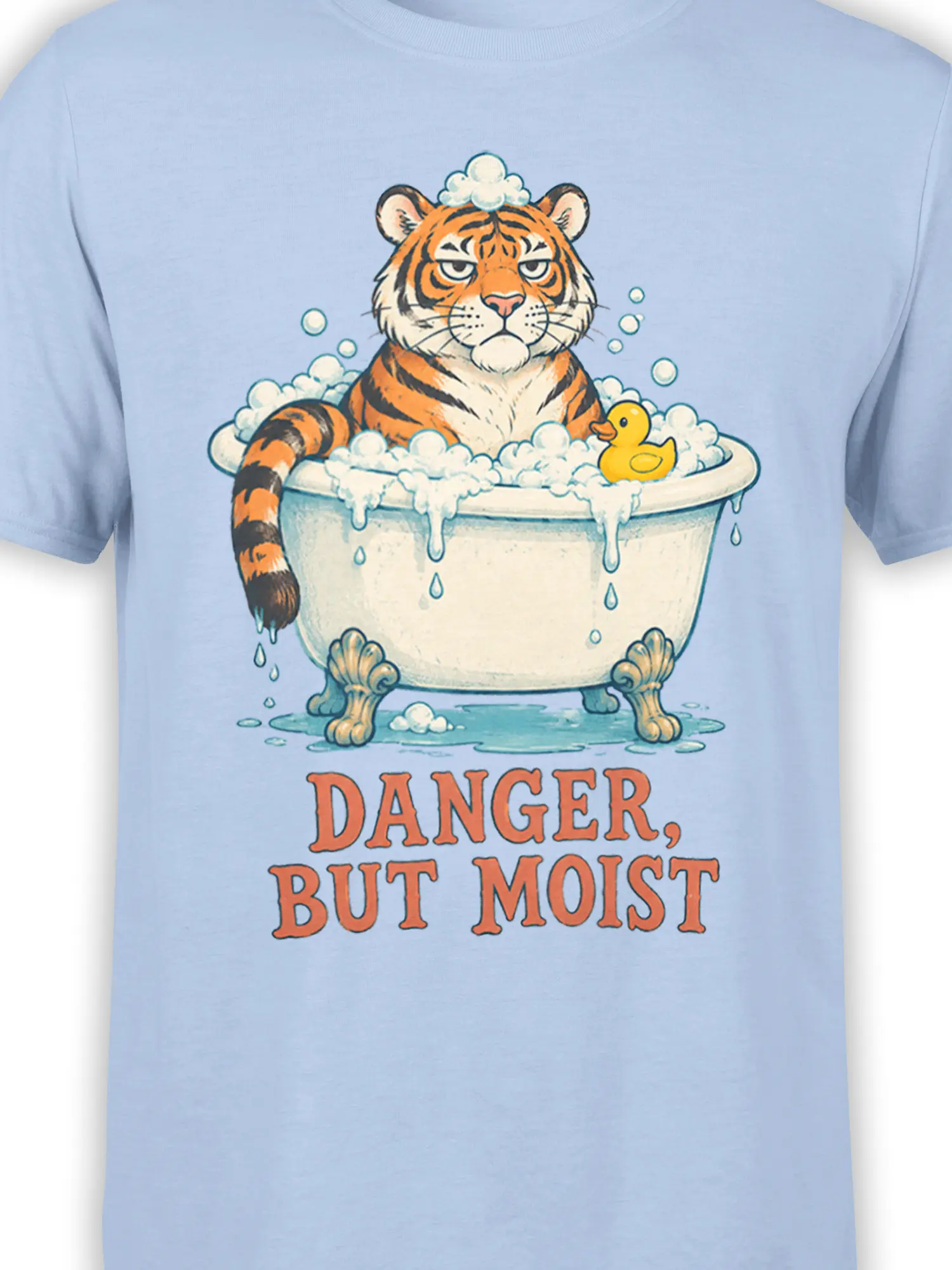 Close-up of tiger bath artwork with bubbles, rubber duck, and “Danger, But Moist” text on light blue fabric