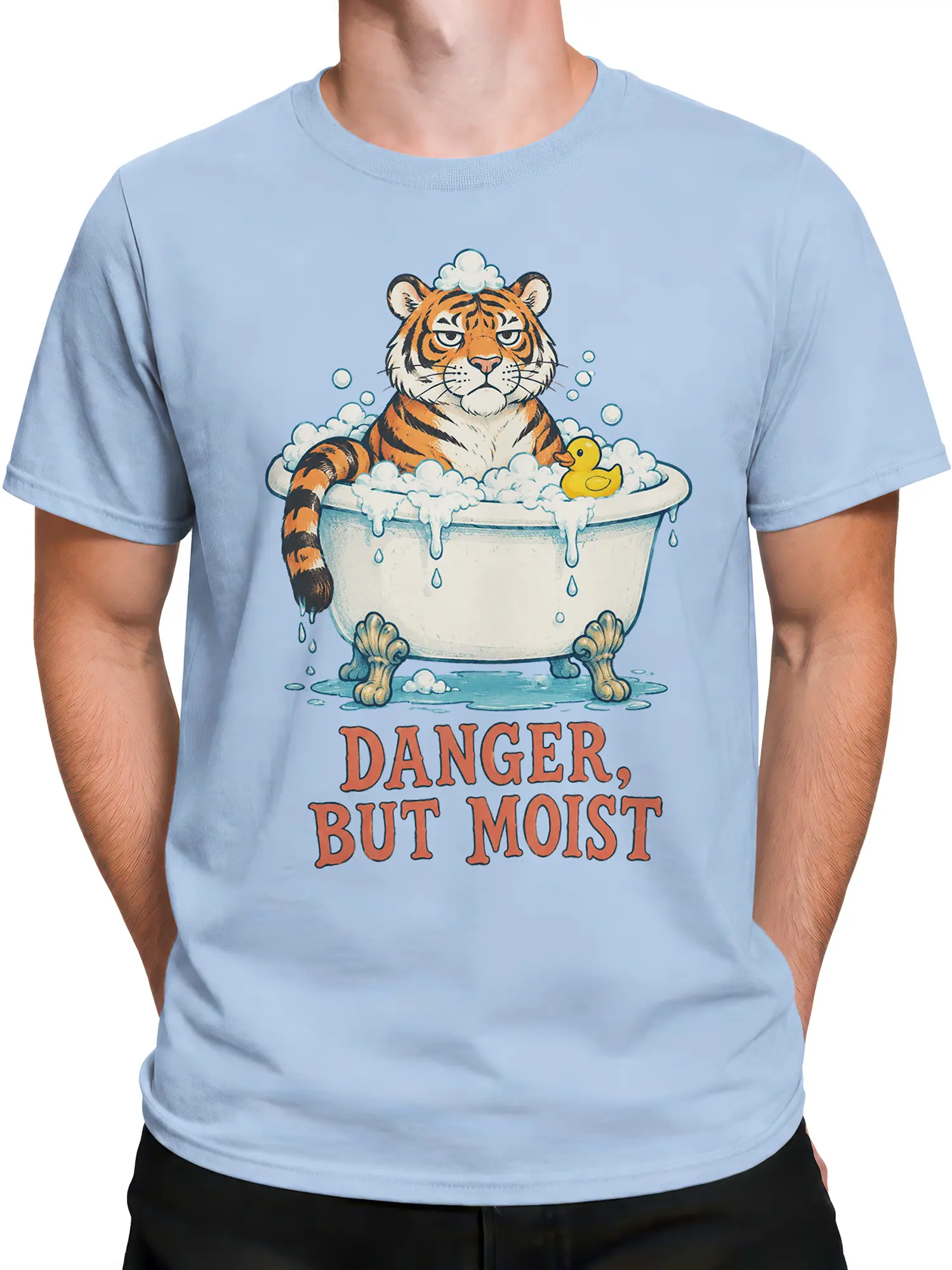 Male torso wearing a light blue tiger graphic T-shirt with a bubble bath scene and “Danger, But Moist” slogan