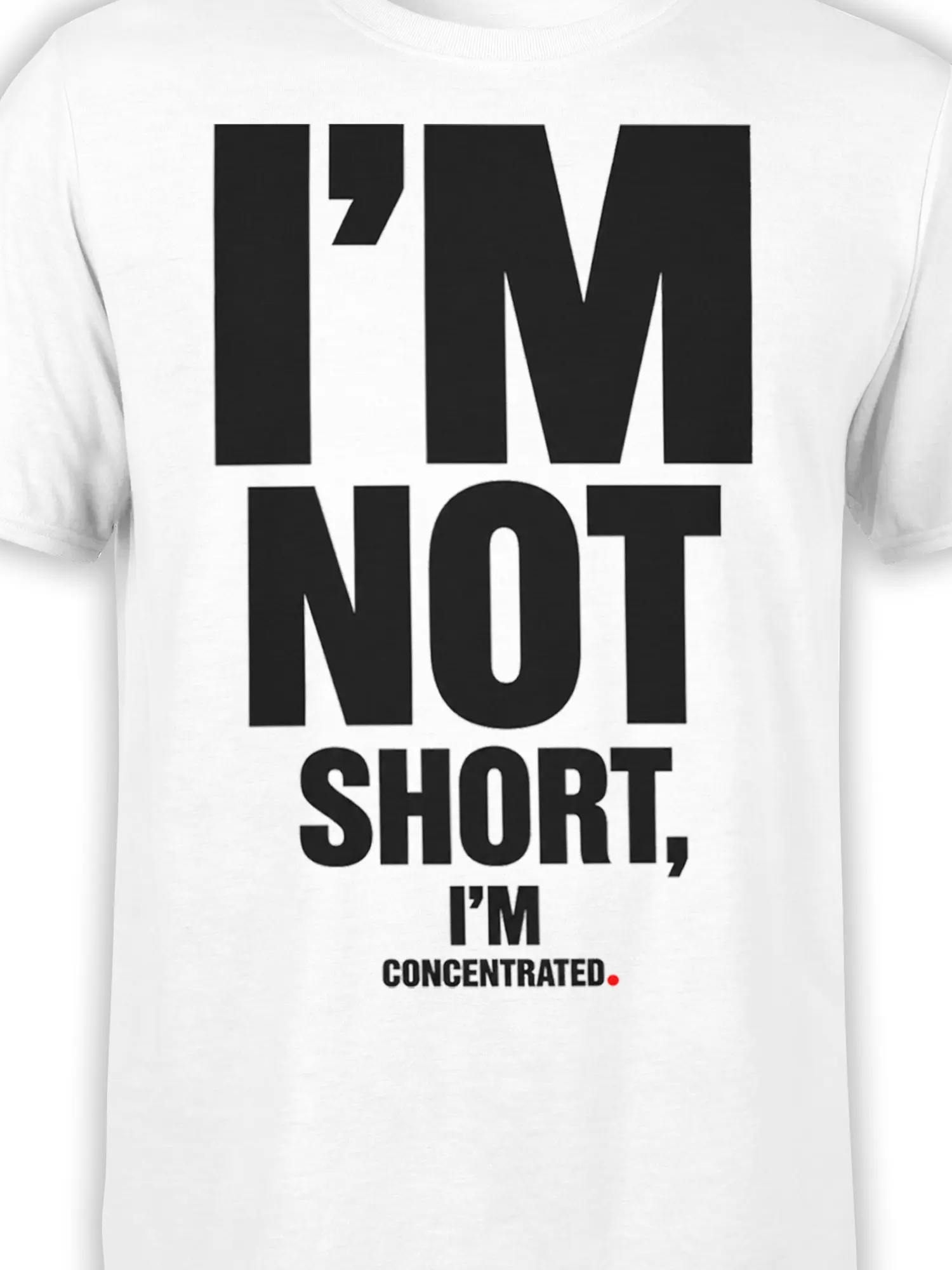 Close-up of bold black concentrated confidence lettering and red dot on a white graphic tee