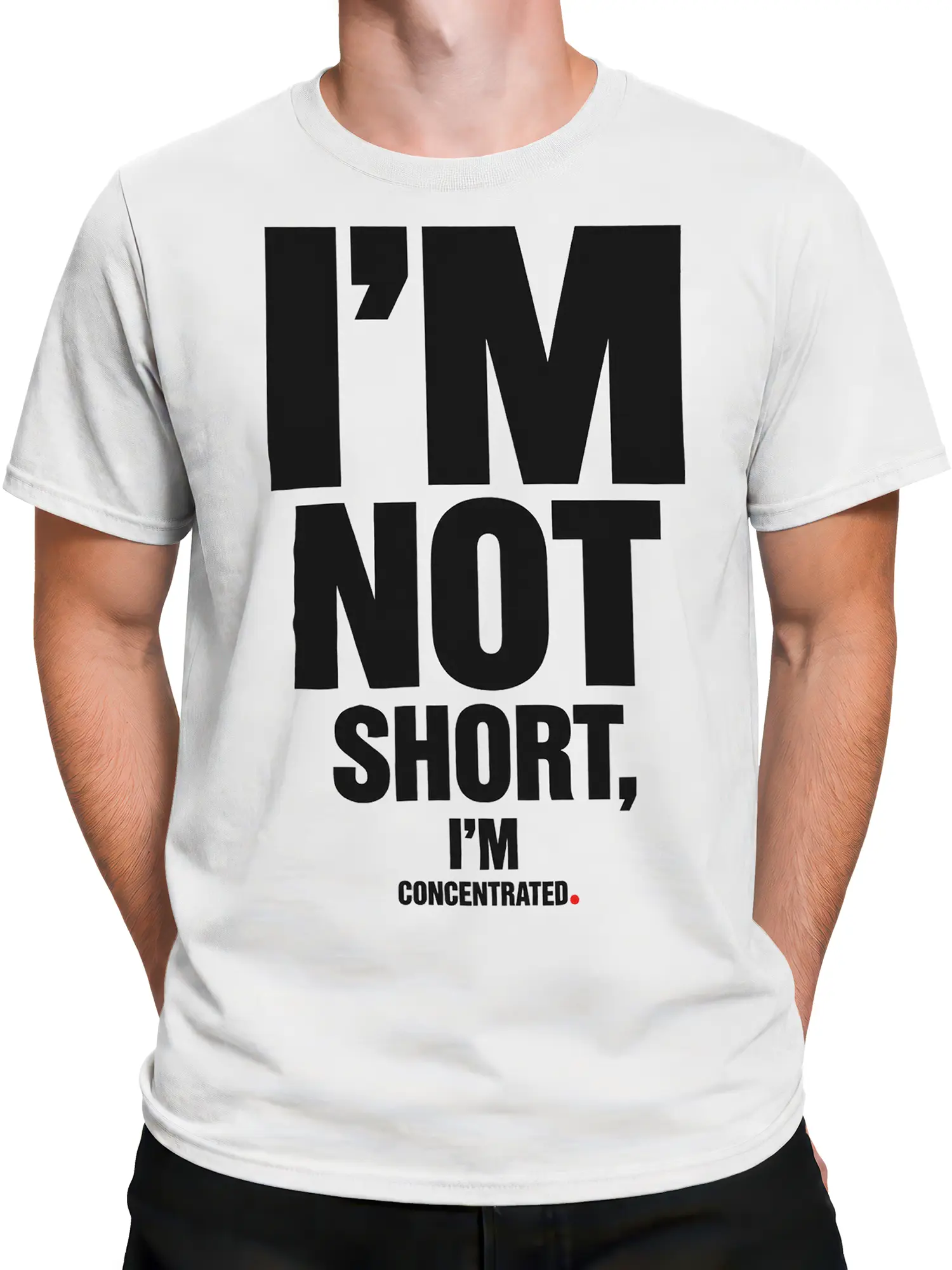 Male torso wearing a white T-shirt with bold concentrated confidence typography