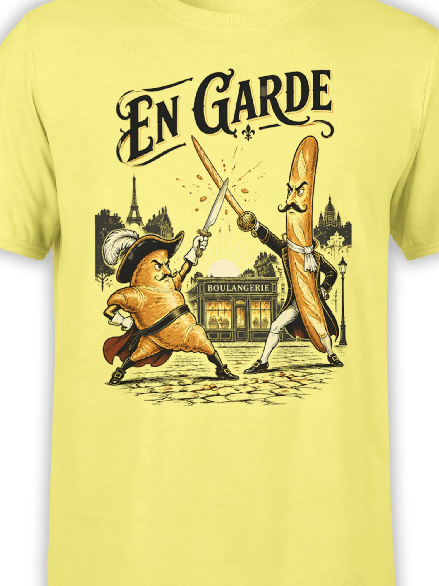 Close-up of vintage baguette duel artwork with crossed swords, Paris scenery, and boulangerie details