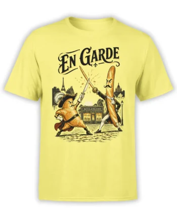 Yellow T-shirt with vintage French baguette duel artwork, Paris buildings, and an EN GARDE headline