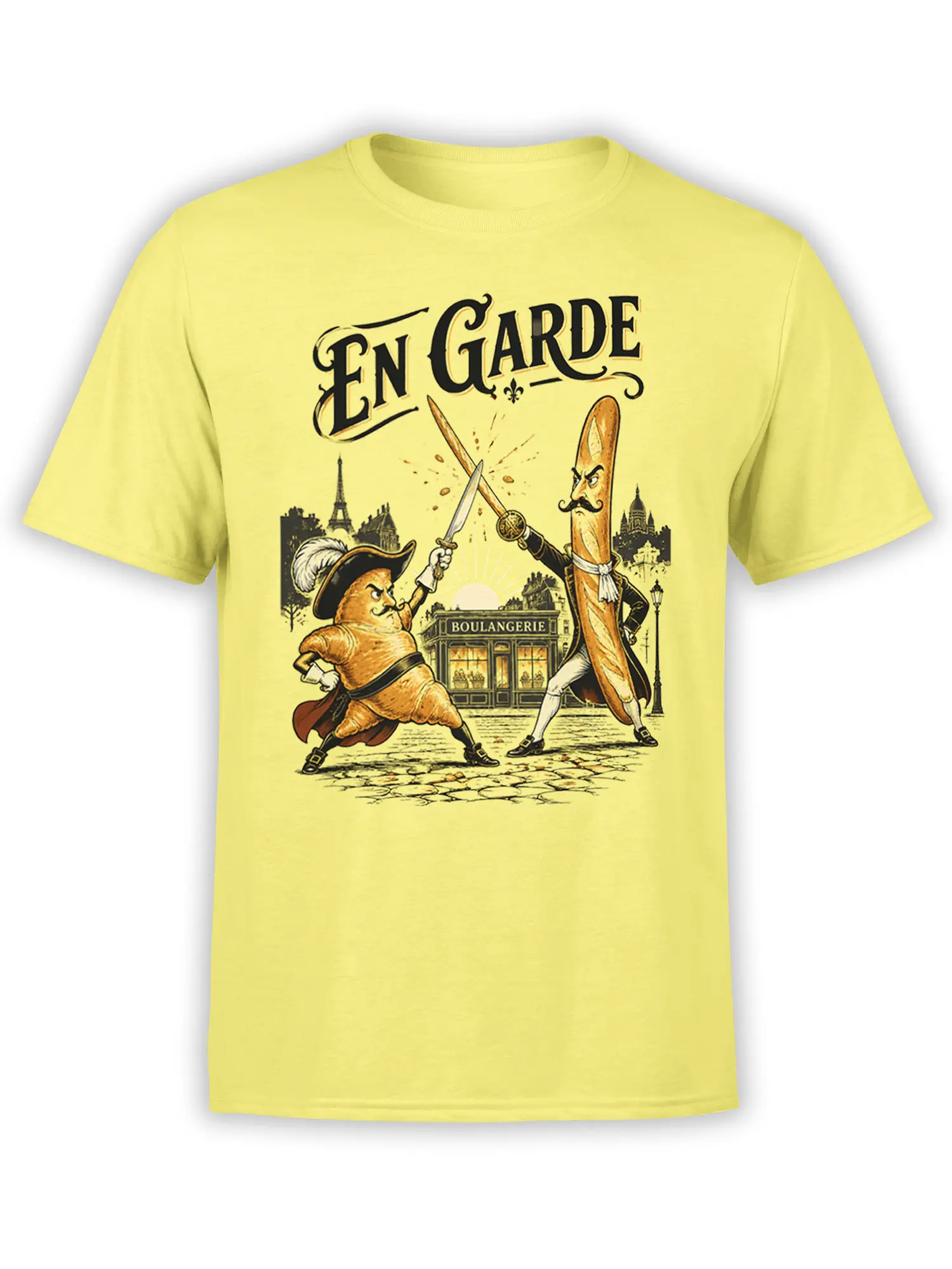 Yellow T-shirt with vintage French baguette duel artwork, Paris buildings, and an EN GARDE headline