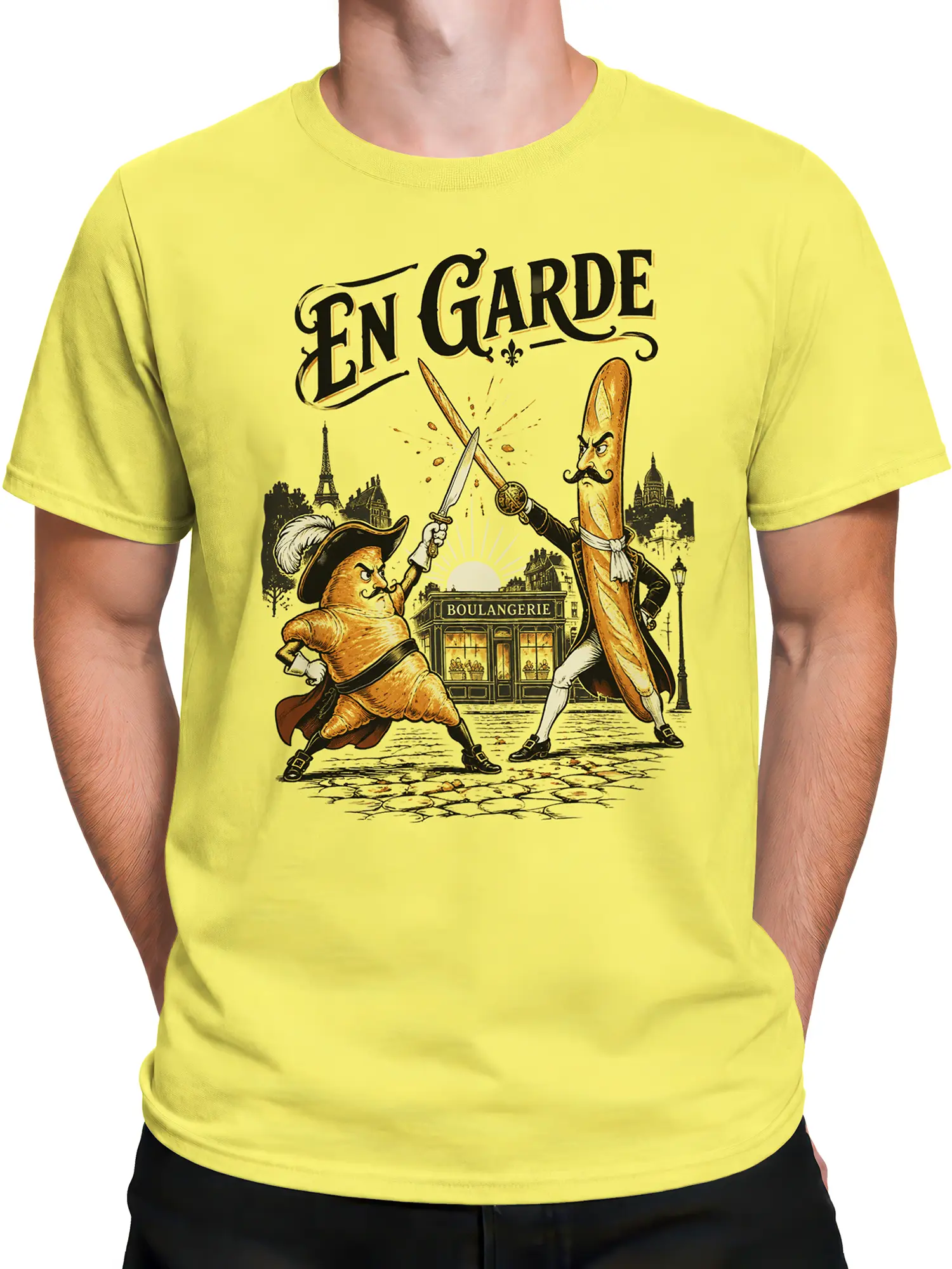 Male torso wearing a yellow baguette duel T-shirt with vintage Paris and French bakery artwork