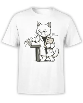 White T-shirt with a black-and-gray cat scientist in a lab coat and “FOR SCIENCE” design