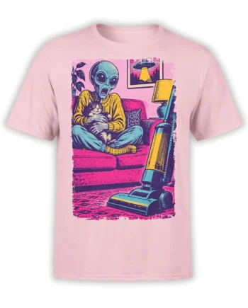 Pink alien t-shirt showing an extraterrestrial with a cat beside a retro vacuum cleaner