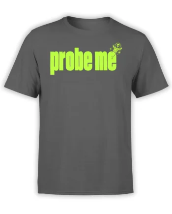Gray alien T-shirt with bold neon green “problem” lettering and a small UFO above the final letters