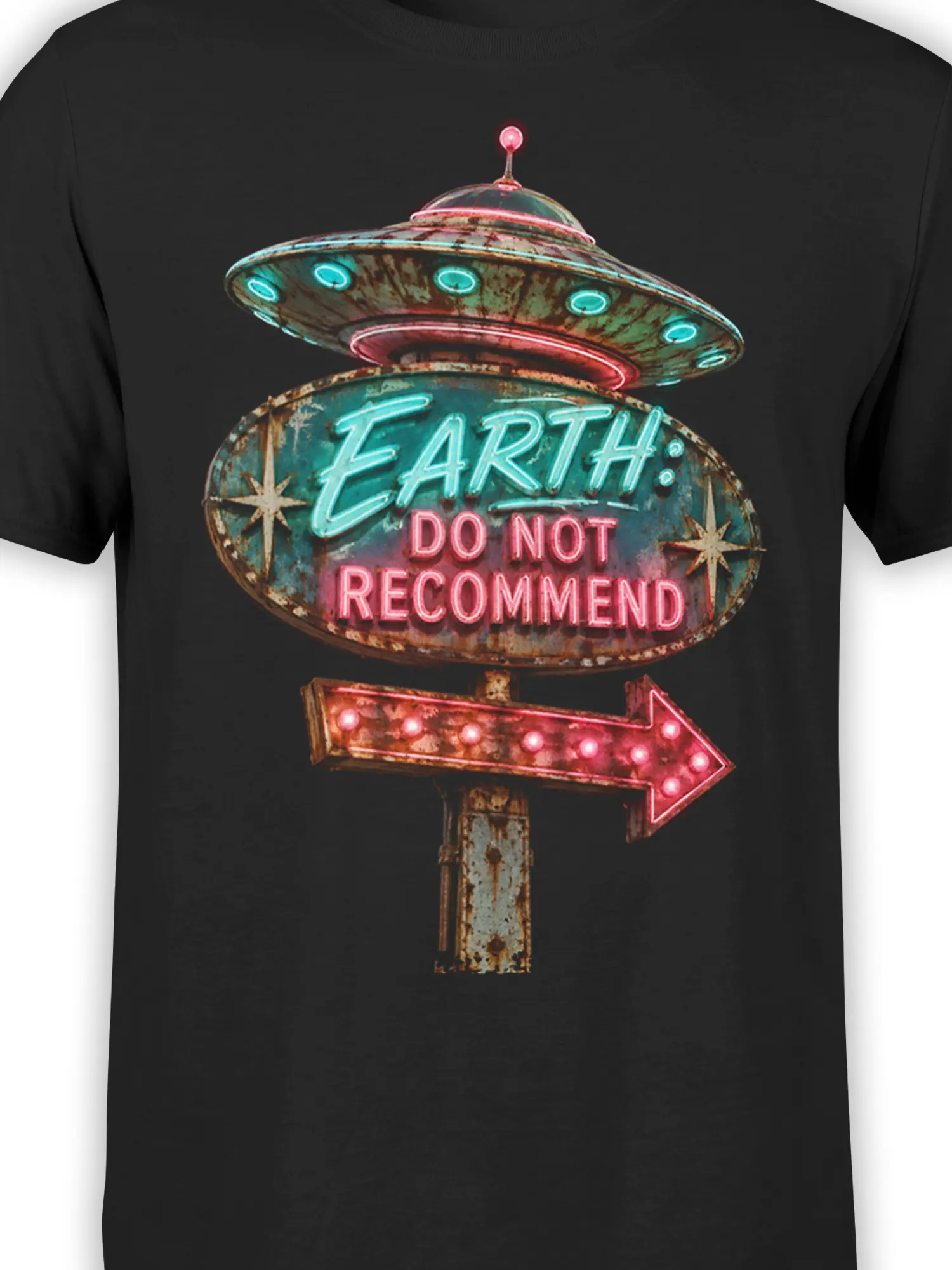Close-up of retro UFO artwork and Earth Do Not Recommend sign on black fabric