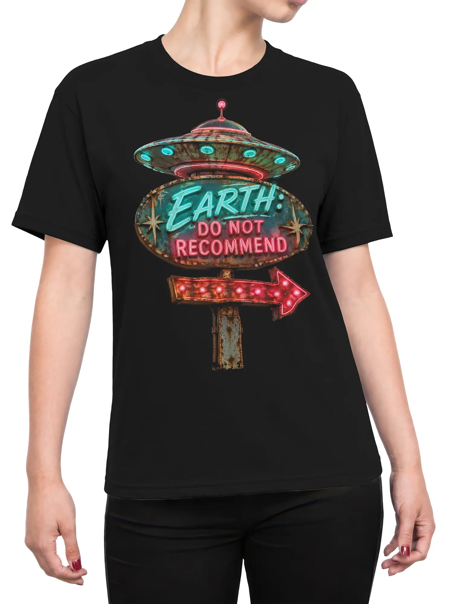 Female torso wearing a black UFO T-shirt with a glowing Earth warning design