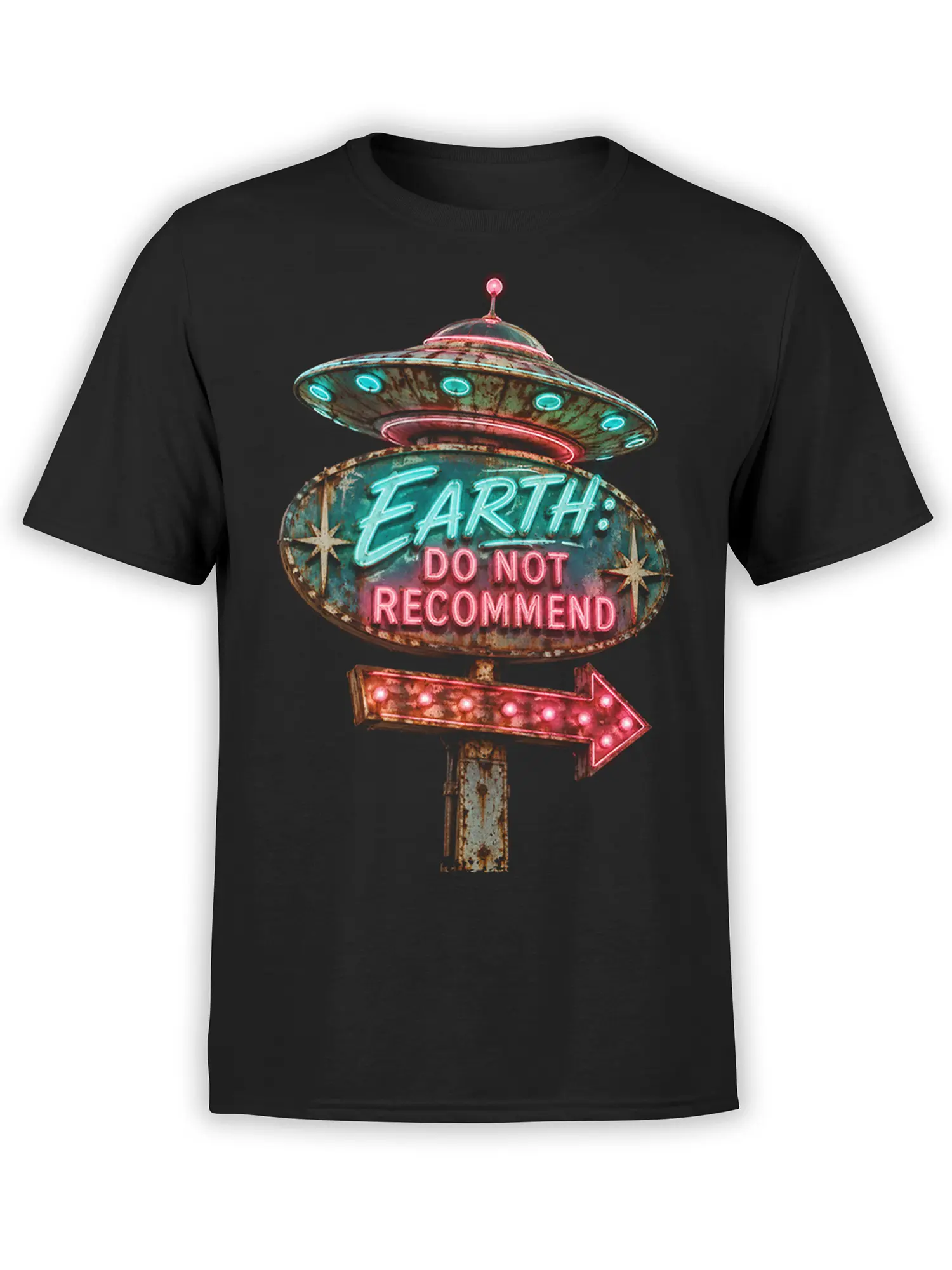 Black UFO T-shirt with a retro glowing sign reading Earth Do Not Recommend