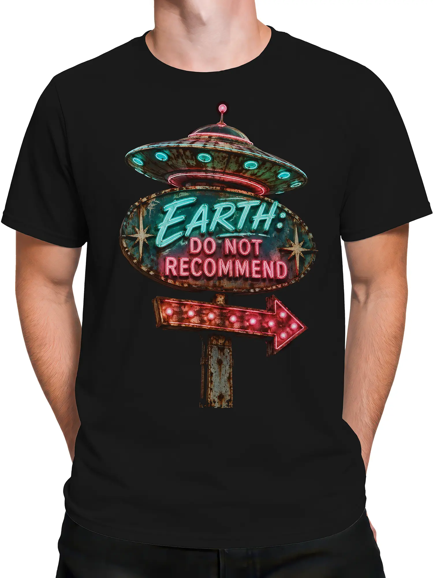 Male torso wearing a black retro UFO T-shirt with Earth warning artwork