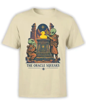 Beige T-shirt with two green aliens presenting a yellow rubber duck at a desert temple