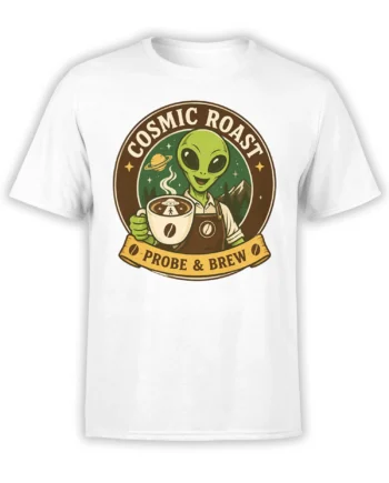 White T-shirt with a green alien barista, coffee cup, flying saucer, and Cosmic Roast vintage badge