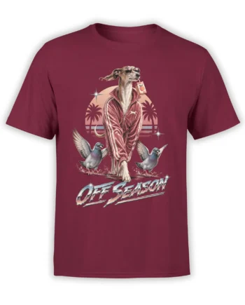 Retro dog graphic on a burgundy T-shirt with sunglasses, pigeons, palm trees, and Off Season lettering