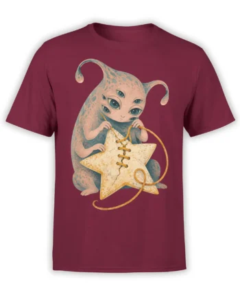 Many-eyed alien sewing a weathered star on a burgundy graphic T-shirt