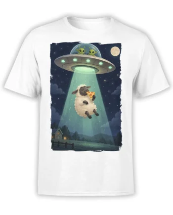 White T-shirt with a pizza-loving sheep lifted by aliens in a green UFO beam over a moonlit farm