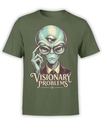 Olive green alien T-shirt with a suited three-eyed character in glasses and “Visionary Problems” lettering