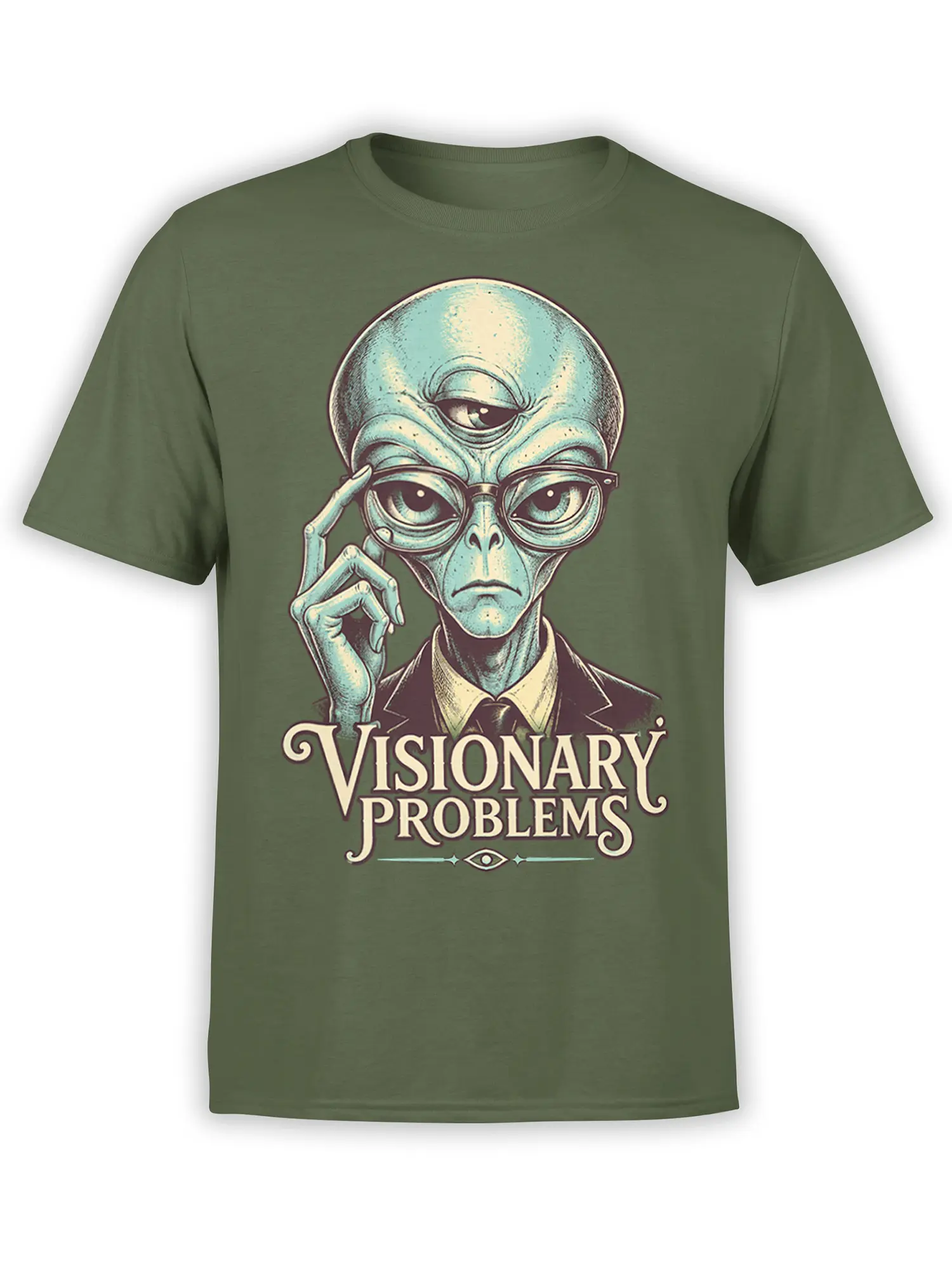 Olive green alien T-shirt with a suited three-eyed character in glasses and “Visionary Problems” lettering