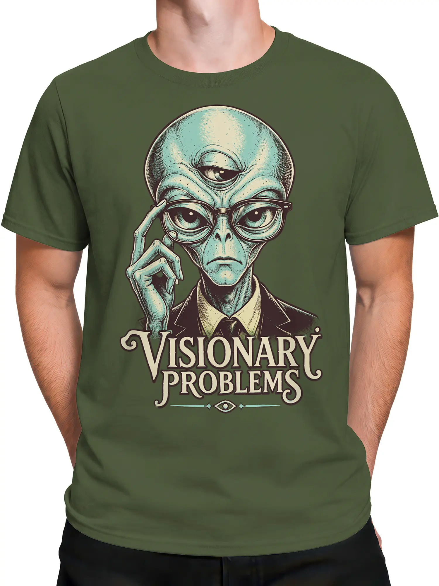 Male torso wearing an olive green alien graphic T-shirt with vintage “Visionary Problems” artwork