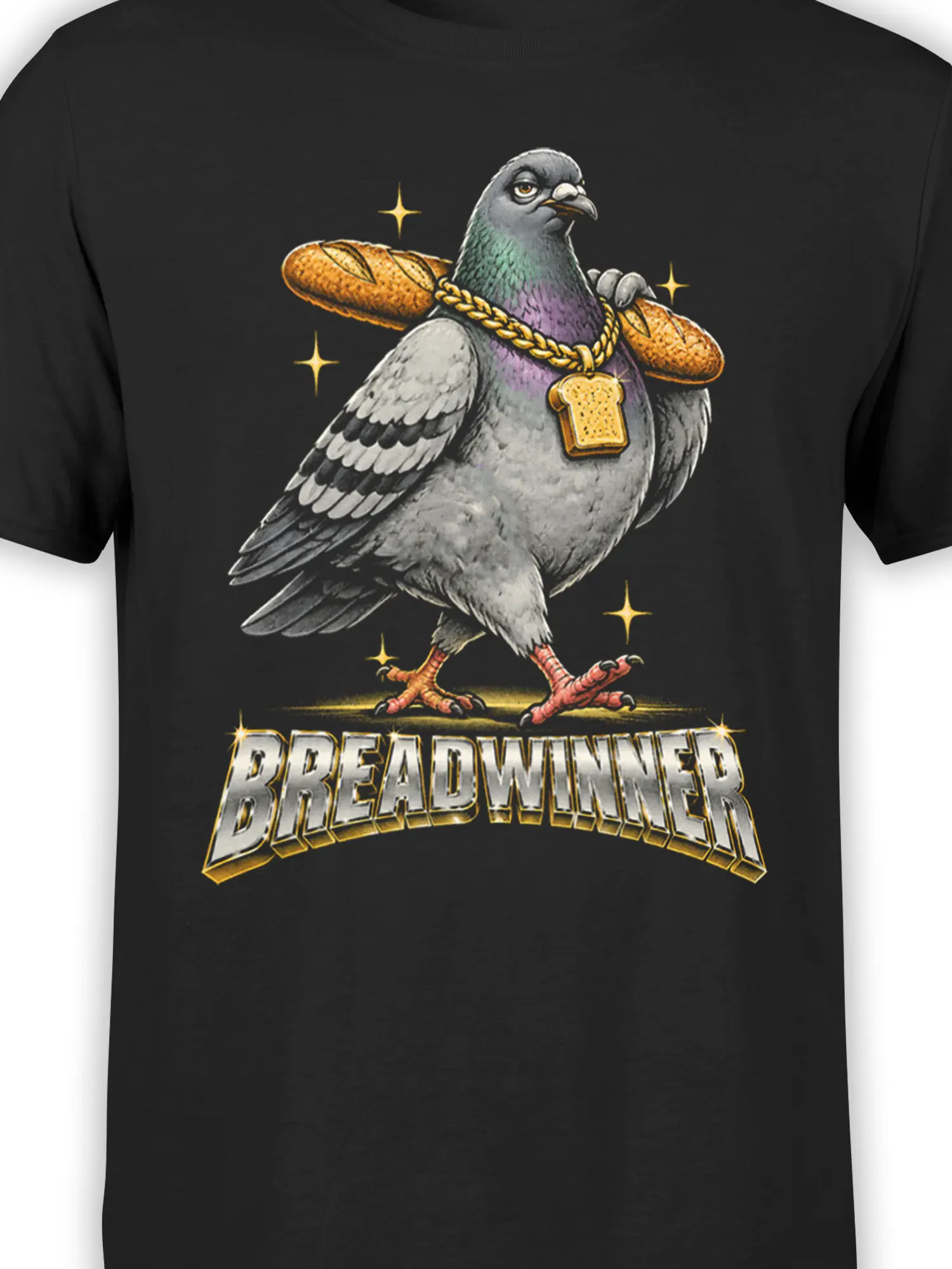 Close-up of the pigeon, baguettes, toast pendant, colorful feathers, and BREADWINNER print on black fabric