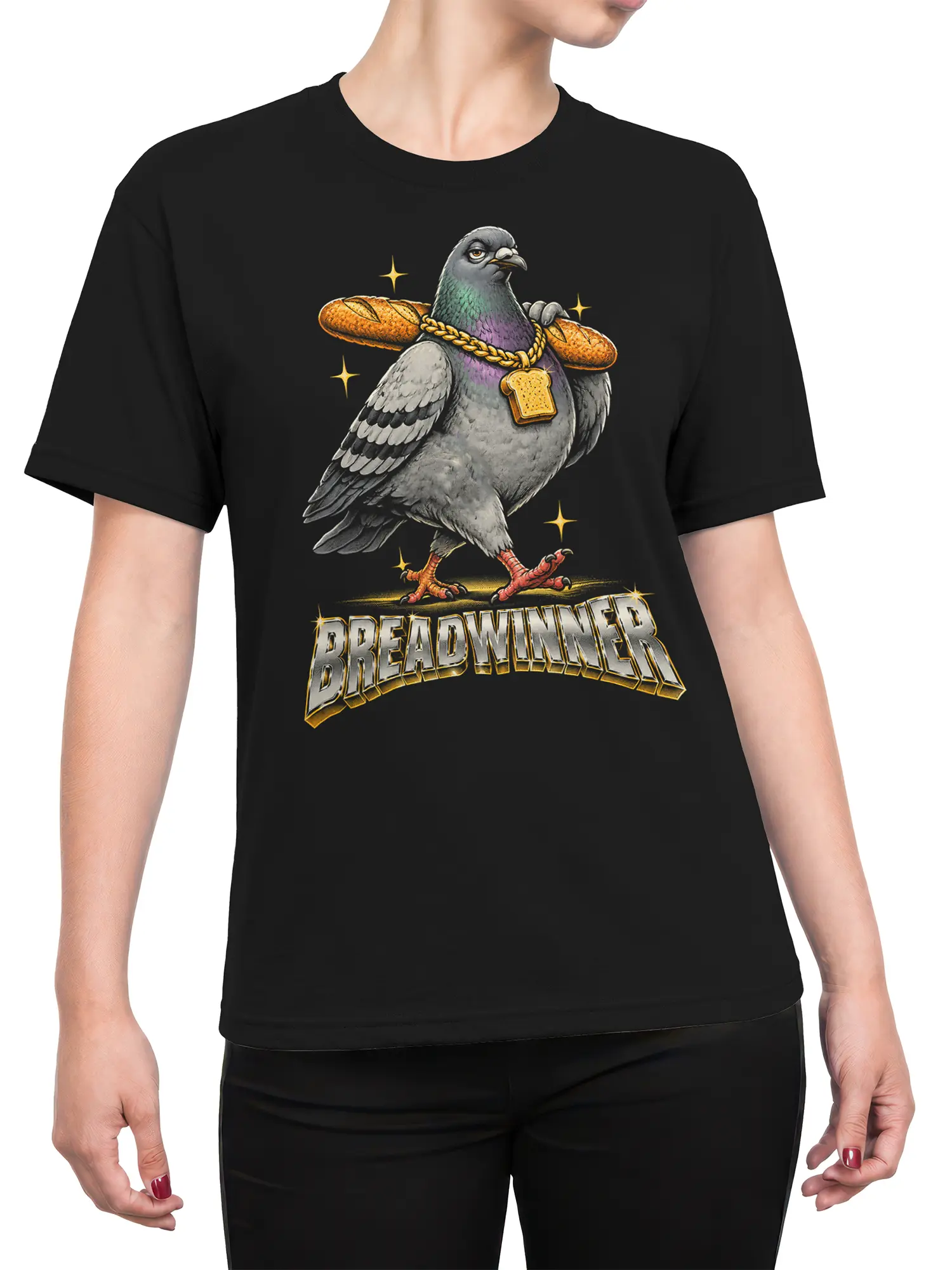 Female torso wearing a black pigeon T-shirt with baguettes, toast pendant, stars, and BREADWINNER graphic