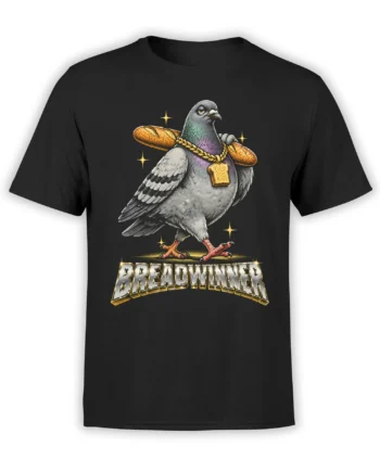 Black T-shirt with a detailed pigeon carrying baguettes, a toast pendant, stars, and BREADWINNER text