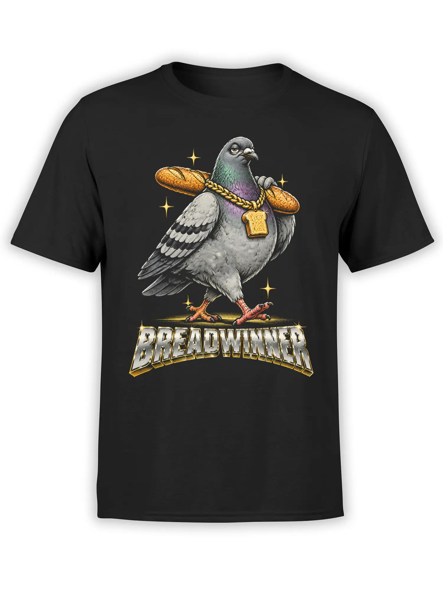 Black T-shirt with a detailed pigeon carrying baguettes, a toast pendant, stars, and BREADWINNER text