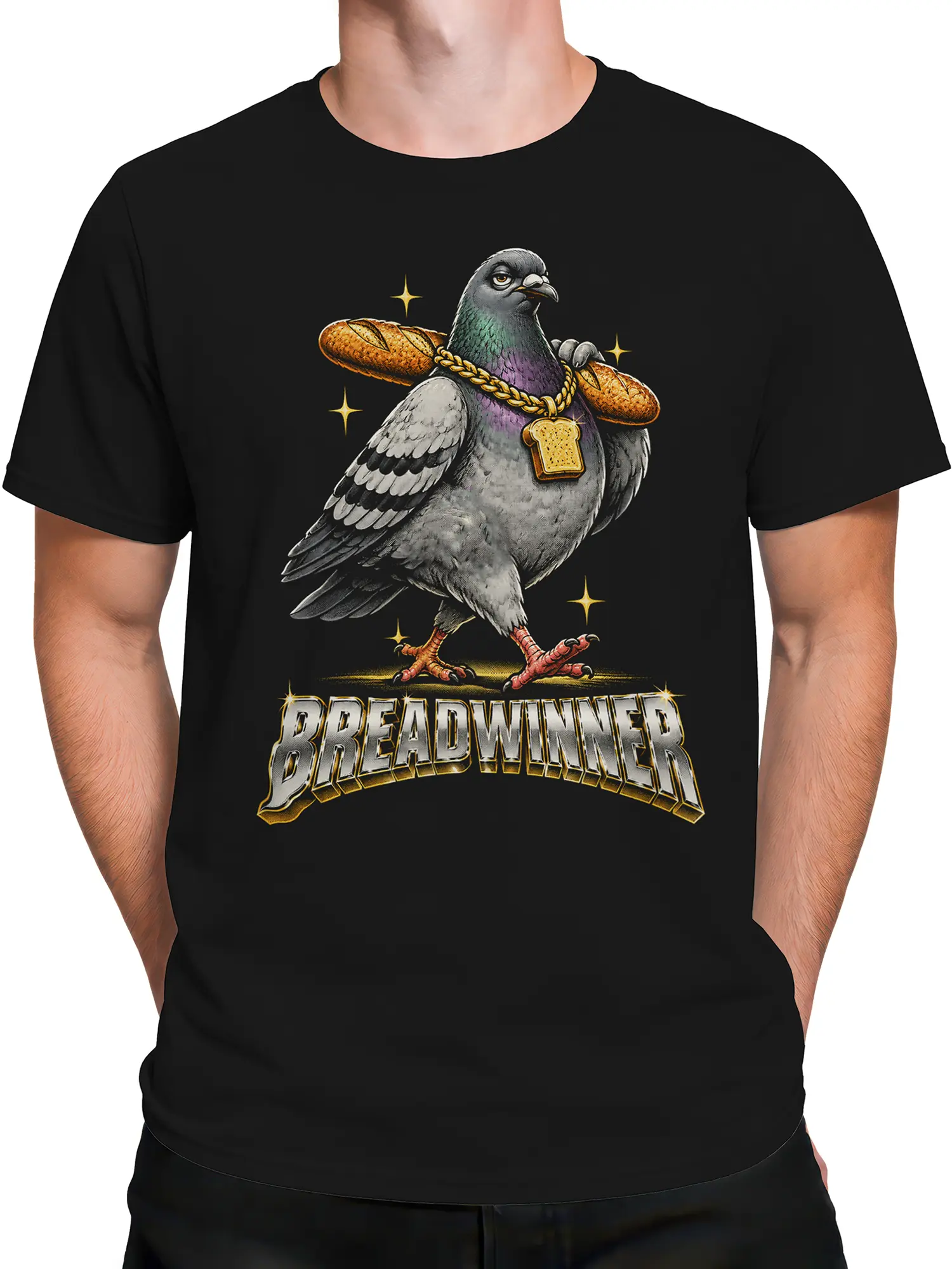 Male torso wearing a black pigeon graphic T-shirt with baguettes, toast pendant, stars, and BREADWINNER text
