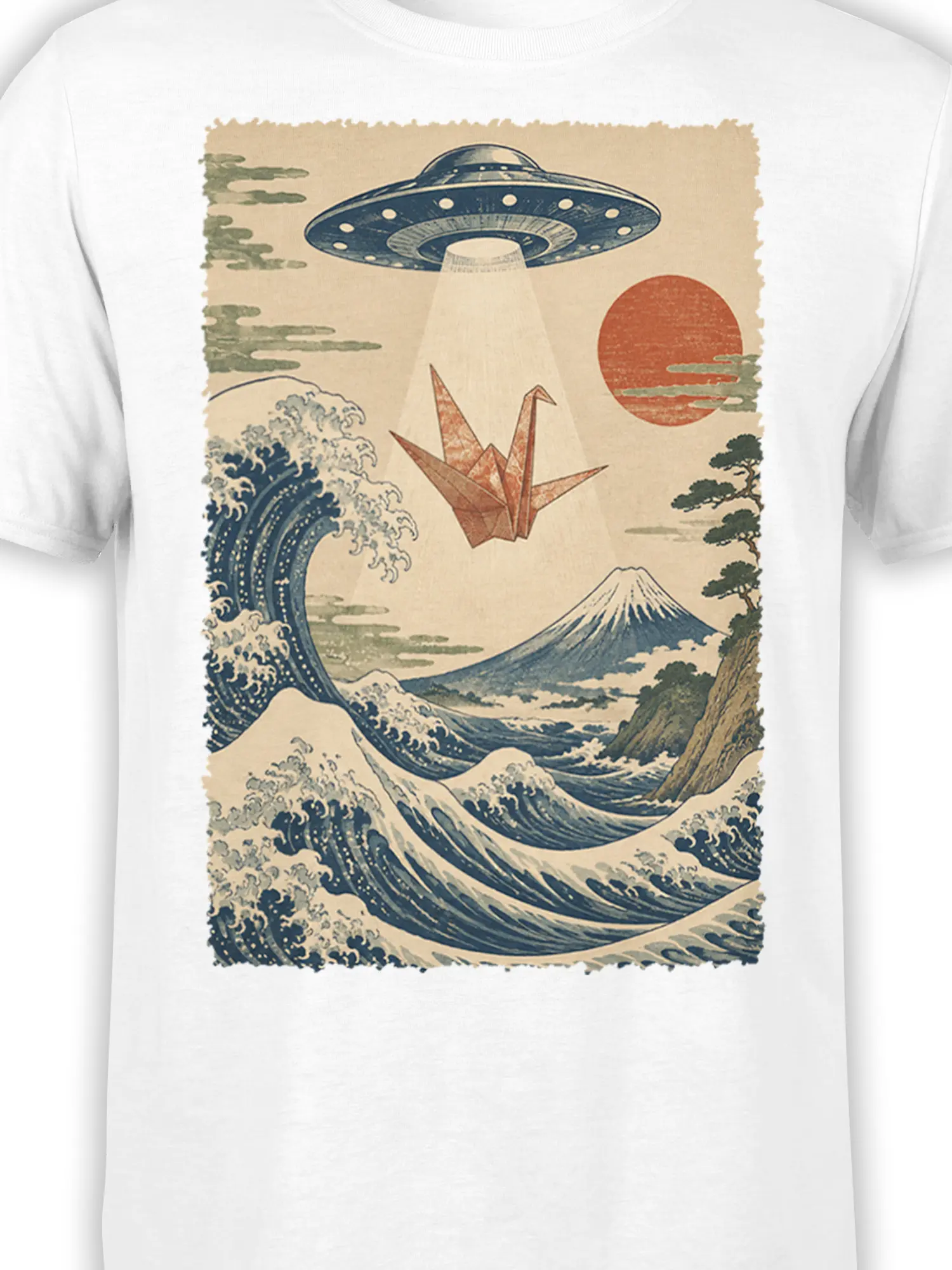 Close-up of vintage UFO, origami crane, red sun, and Japanese-inspired wave art on white fabric