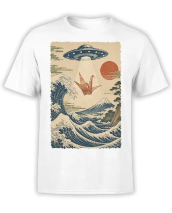 White UFO T-shirt with Japanese-inspired waves, origami crane, red sun, and mountain landscape
