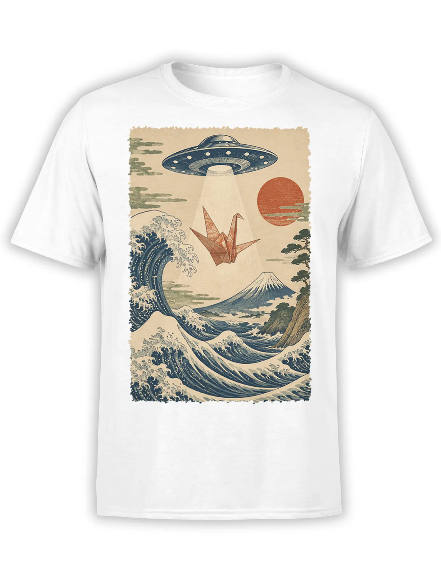White UFO T-shirt with Japanese-inspired waves, origami crane, red sun, and mountain landscape