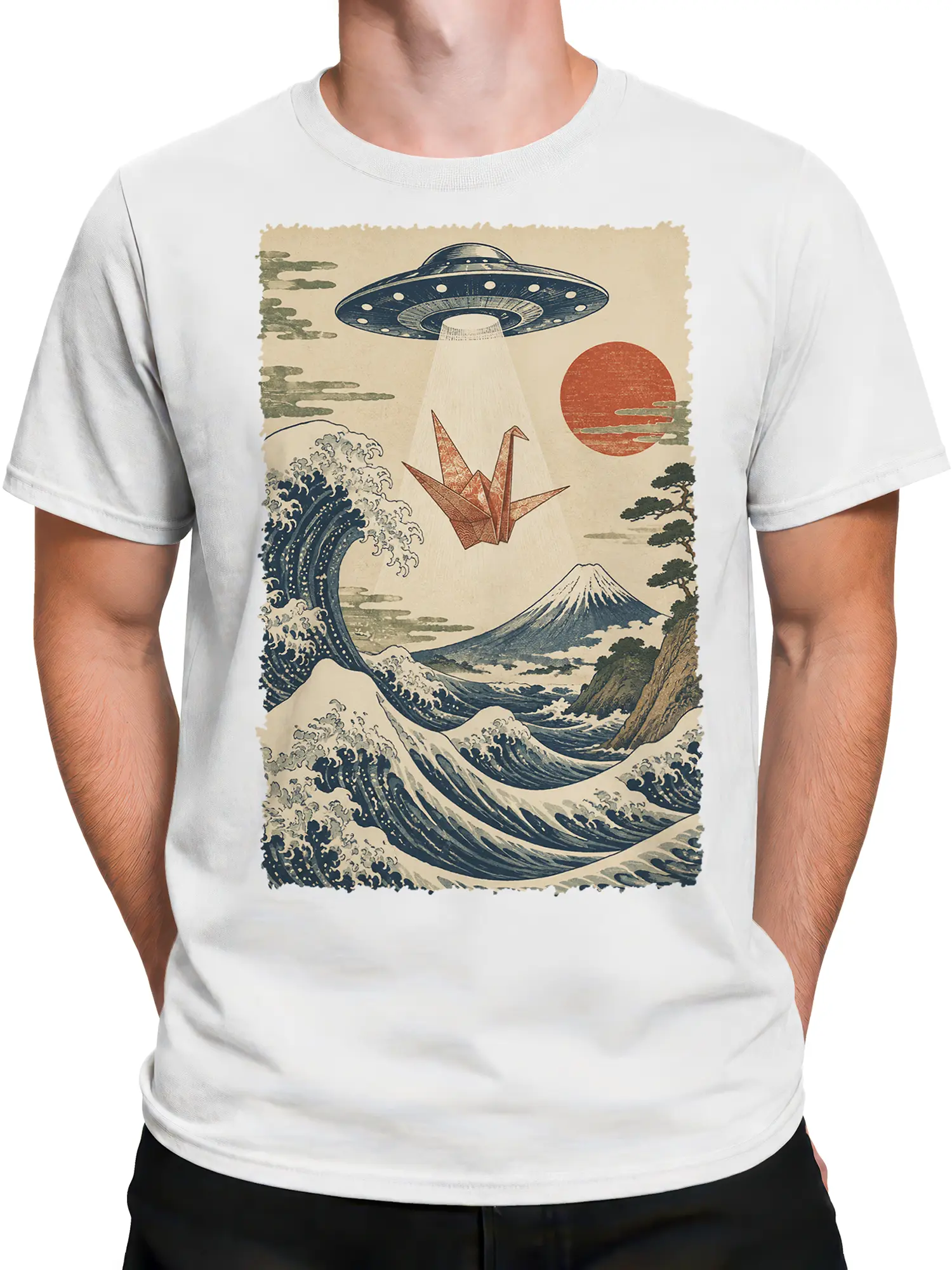 Male torso wearing a white UFO T-shirt with vintage waves, origami crane, red sun, and mountain art