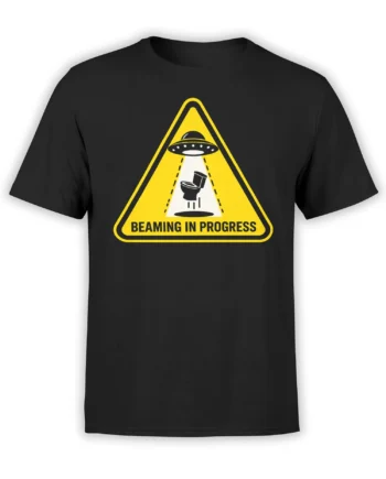 Black UFO T-shirt with a yellow warning sign, flying saucer, beamed-up toilet, and “Beaming in Progress” text