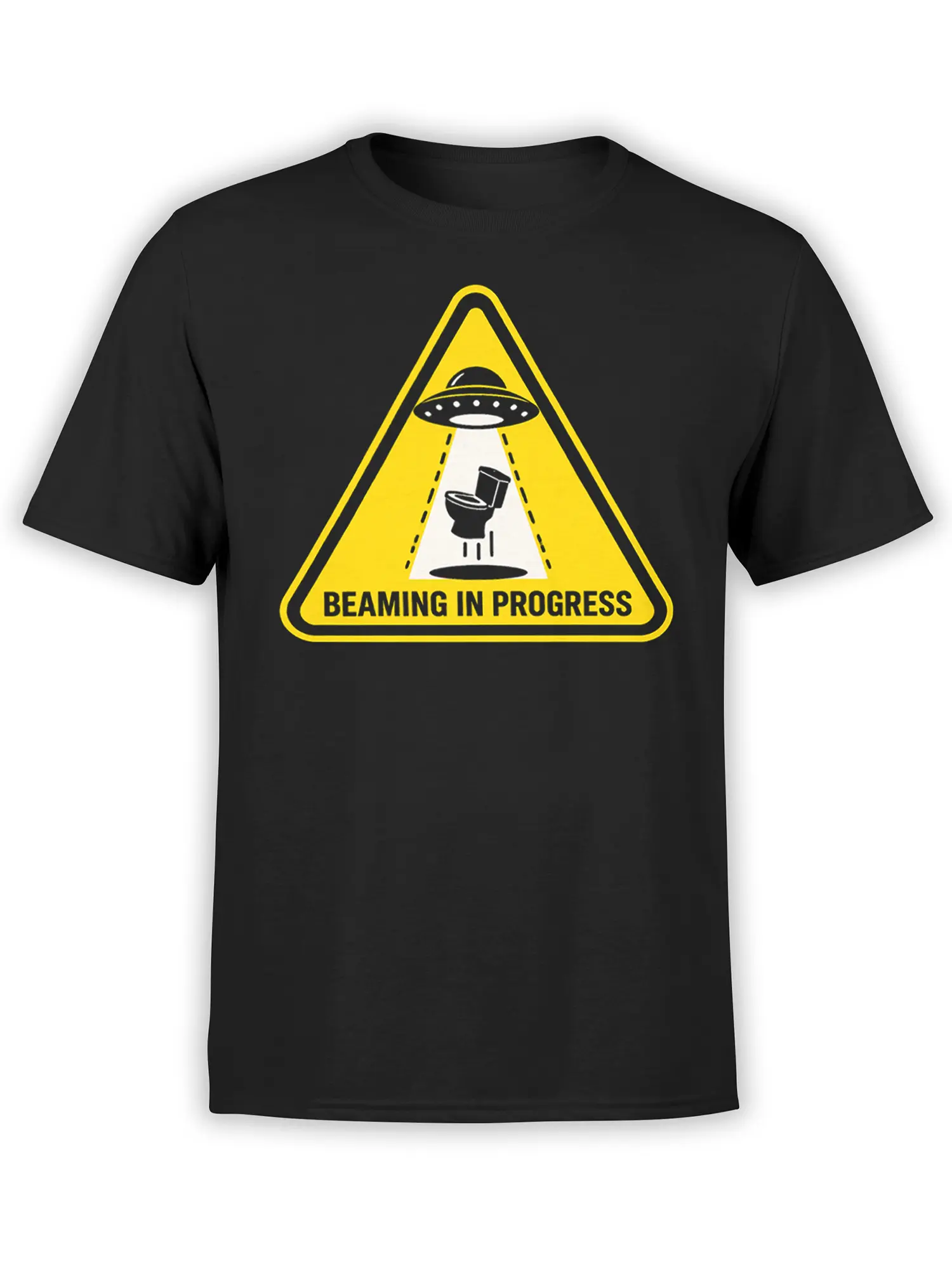 Black UFO T-shirt with a yellow warning sign, flying saucer, beamed-up toilet, and “Beaming in Progress” text