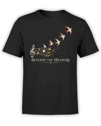 Black music T-shirt with flying birds, golden musical notes, and Beyond the Measure lettering