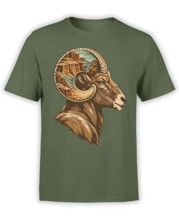 Olive green ram T-shirt with curved horns framing a vintage desert canyon and winding river design